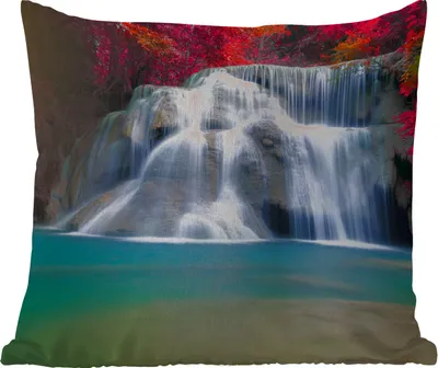 Produktbild von MuchoWow® Outdoor Kissen - Wasserfall - Bäume - Rot - Landschaft - Natur - 45x45 cm - Wetterfest - Lounge Kissen - Fotokissen - Dekoratives Kissen