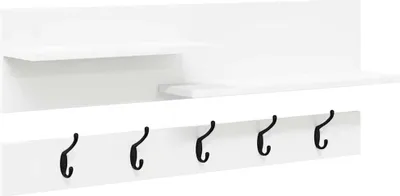 A white wall-mounted shelf with hooks.