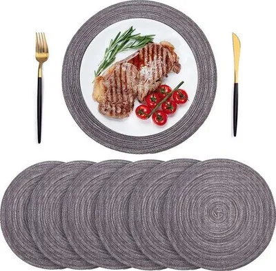 Produktbild von 6-teilige Sets von abwaschbaren, runden, dunkelgrauen, gewebten Placemats