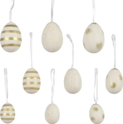 Produktbild von Ostereier zum Aufhängen 2,5 - 6cm bruchfest 12er Set Weiß / Gold