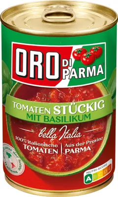Produktbild von Oro di Parma stückige Tomaten mit Basilikum (400g Dose)