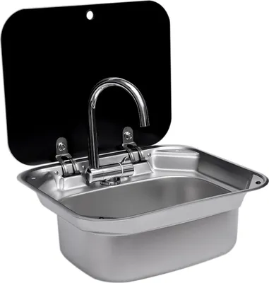 Obrázek produktu pro Nerezový ruční dřez pro karavany nebo lodě Obdélníkový dřez se sklopným kohoutkem Skleněné tvrzené víko pro karavany Camping Malé kuchyně