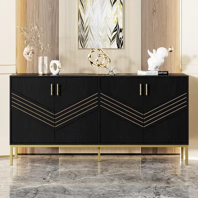 Image de Sweiko Buffet moderne avec 4 portes - Design élégant en noir & or, corps en MDF avec pieds métalliques, grande capacité, étagères réglables en hauteur - pour le salon, la salle à manger & l'entrée