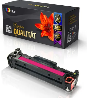 A product shot of a magenta toner cartridge and its packaging.