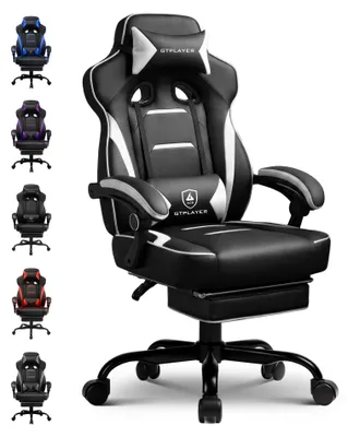 Immagine prodotto di Sedia da gaming con poggiapiedi - Sedia da ufficio F59 - Ergonomica, capacità massima 180 kg - Schienale reclinabile fino a 155° - Regolabile in altezza - Supporto lombare e poggiatesta - Base in metallo con rotelle - Rivestimento in ecopelle bianca