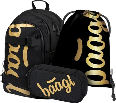 Produktbild von Baagl Schulrucksack Set Jungen 3 Teilig, Schultasche ab 3. Klasse, Grundschule Ranzen mit Brustgurt, Ergonomischer Schulranzen (Skate Gold)