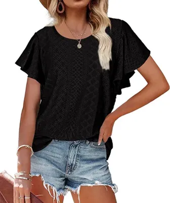 Image de ASKSA T-shirt femme manches ruchées chemisier creusé tops casual col rond loose shirts, Noir, XL