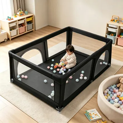 Produktbild von Laufstall Baby Laufgitter 180x120cm Rutschfester Absperrgitter mit Atmungsaktive Netz Schutzgitter Kind Playpen Set mit Bällen Schwarz
