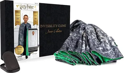 A Harry Potter invisibility cloak set, including the cloak, packaging, and a phone holder.
