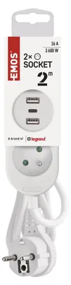 Immagine prodotto di EMOS Cavo di prolunga 2 m / 2 prese + 2×USB A + 1×USB C / bianco / PVC / 1 mm2, P0212U