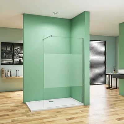 A modern bathroom with a walk-in shower.