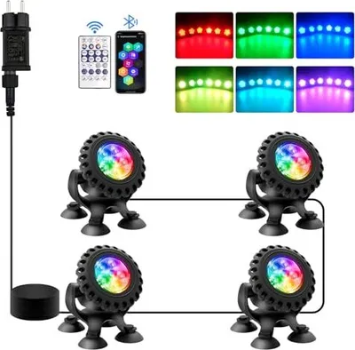 Produktbild von Teichbeleuchtung LED LED Unterwasser, Unterwasser RGB Light Fernbedienung, IP68 wasserdicht, Farbwechselgarten, Terrasse, Baum (4 in 1)