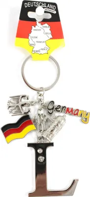 Produktbild von Schlüsselanhänger "L" H.: 11cm Buchstaben/Letter/Initalien/Alphabet/ABC mit Glitzersteinen & Charms Bierkrug/Adler/Deutschland-Fahne/Germany