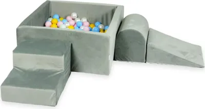 Obrázok produktu pre Penové ihrisko so štvorcovým bazénom 90x90x40 zamatovo sivé + 400 loptičiek: Svetlá mäta, svetloružová, svetlomodrá, perleťová, žltá