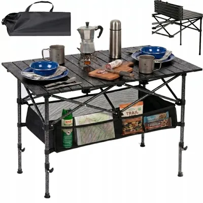 Produktbild von Campingtisch Klappbar | Alu-Rolltisch mit Netzablage | Höhenverstellbar 50-80cm | 95x55 cm Schwarz