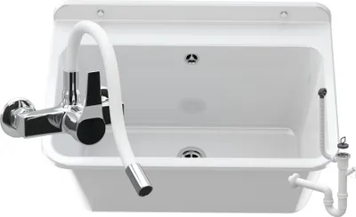 Produktbild von Granitan | Waschbecken - Spülbecken 61x41x30 cm - Spüle Weiß - Mischbatterie FLEX - mit Siphon - LARGE