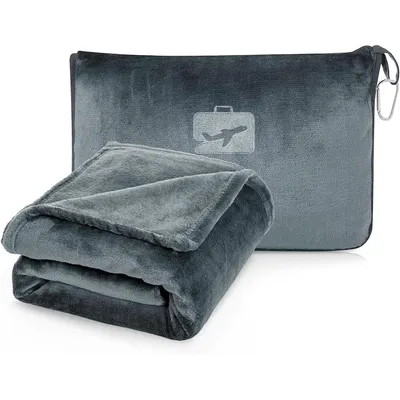Produktbild von Faltbare Flanell-Reisedecke, Grau, 127x152 cm, mit Reißverschlusstasche und Vakuumverpackung, für Flugzeugbüros
