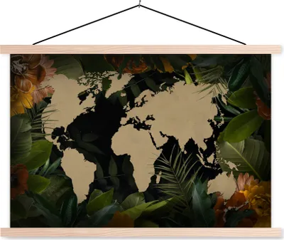 Produktbild von MuchoWow® Textilposter Weltkarte - Pflanzen - Blätter 120x80 cm mit holzfarbenen Rahmen - Aufhängeset