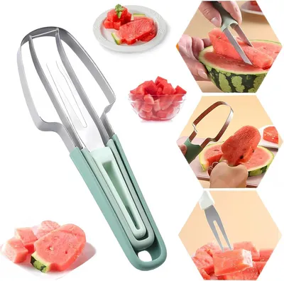 Produktbild von 3-in-1 Wassermelonen-Schneider mit Melonenausstecher und Obstgabeln | Edelstahl Obstschneider für DIY-Obstsalate, Grün