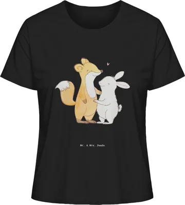 Produktbild von Mr. & Mrs. Panda Baumwoll T-Shirt Damen Fuchs Hase Freunde treffen Größe L - Schwarz - Geschenk, Kurzarm, Oberteil, Shirt Mit Print, Kurzarmshirt, Sommershirt