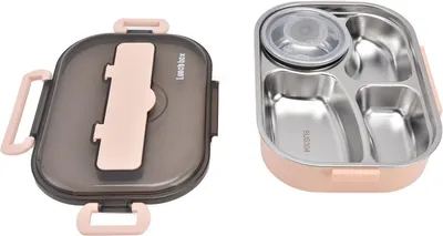 Image de Lunchbox - Bento Box - Boîte à pain - Boîte à lunch en acier inoxydable 304 - Portable - Boîte à lunch de 1,3 litre avec 4 compartiments, bol à soupe, baguettes et cuillère
