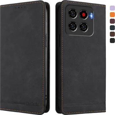 A black flip phone case is shown from two angles, with a color swatch palette on the right.