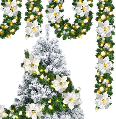 Immagine prodotto di Ghirlanda natalizia Yakimz con 2,7 m di ghirlanda di abete artificiale fiori argento e 50 LED bianchi caldi in 2 modalità Ghirlanda natalizia festosa con illuminazione e decorazione