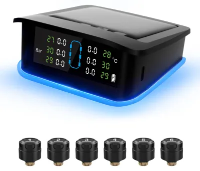 Zdjęcie produktu dla System monitorowania ciśnienia w oponach, słoneczny monitor ciśnienia w oponach z 6 zewnętrznymi czujnikami, oświetlenie otoczenia, wyświetlanie temperatury i ciśnienia w czasie rzeczywistym dla samochodów kempingowych, ciężarówek i autobusów