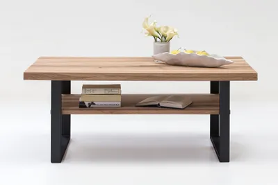 Zdjęcie produktu dla Stolik kawowy - 115 x 65 cm - lity dąb olejowany - metalowa rama - czarny - z półką