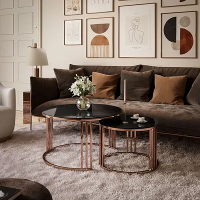 Produktbild von Set Couchtische LORI 2in1 mit Glasplatte und kupferfarbener Basis