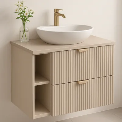Produktbild von WENA Waschtischunterschrank mit Regal, geriffelte Fronten, 2 Soft Close-Schubladen (Farbe: Kaschmir)