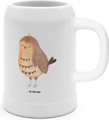 Produktbild von Mr. & Mrs. Panda Krug Eule Zufrieden - Weiß - Geschenk, Waldtier, Seidel, Hochzeitstag, Romantisch, Tonkrug, Steinkrug, Steinbierkrug, Humpen, Owl, Müde