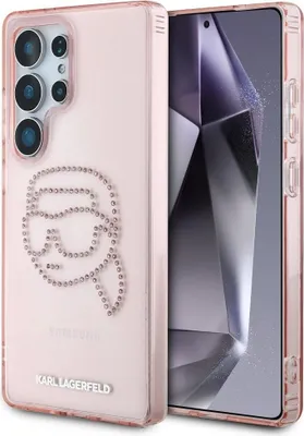 A pink phone case with a Karl Lagerfeld K head design made of rhinestones is shown next to a smartphone.