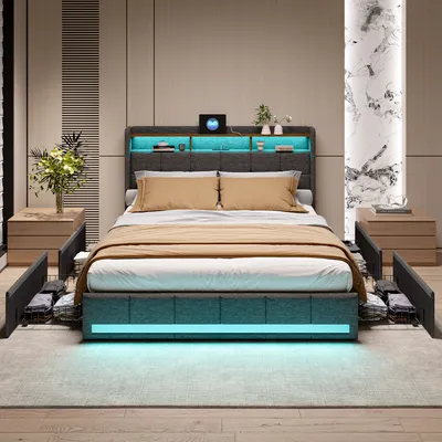 Produktbild von Polsterbett 140x200 cm, grau, mit LED-Beleuchtung, USB- und Typ-C-Anschlüssen – modernes t mit Stauraum am Kopfteil und 4 seitlichen Schubladen