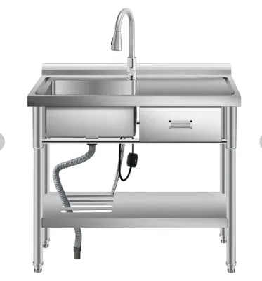Produktbild von Freistehendes Spülbecken - Gewerbliche Edelstahlspüle 304 - Einbeckenspüle - Mit Arbeitsfläche - Warm- und Kaltwasserhahn - Schublade rechts