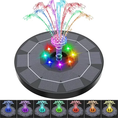 Produktbild von Solarbrunnen, Solar Springbrunnen, 1,5W DIY Solar Wasserpumpe mit 6 Düsen und LED Licht, 200 L/H Förderleistung, Solar Teichpumpe
