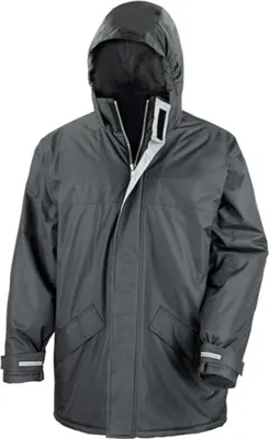 A studio shot of a dark gray hooded parka jacket.
