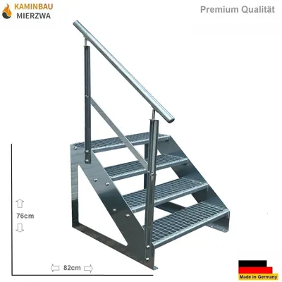 A freestanding metal staircase with a handrail, shown against a white background with dimensions indicated.