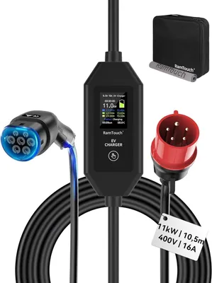 Imagen del producto de Cable de carga eléctrica tipo 2, 11 kW, trifásico, cargador móvil para uso doméstico de 10,5 metros, con pantalla y temporizador