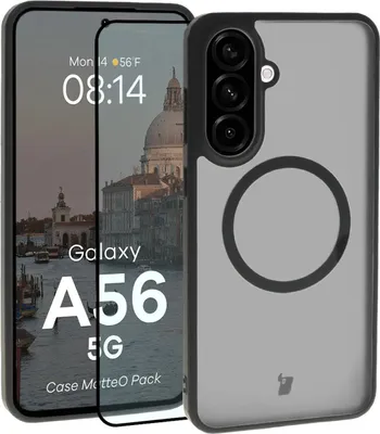 Produktbild von Schutzhülle mit Magnetring + gehärtetem Glas für Galaxy A56 5G, Bizon MatteO Pack, Getönt-Schwarz