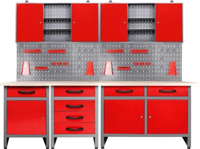 Produktbild von Ondis24 Metall Werkstatt Set 240 cm "Bastler" rot 3x Werkbank 85 cm + 2 Schränke abschließbar höhenverstellbare Füße Arbeitsplatte Holz Werkstatteinrichtung Packtisch Werktisch Werkstatttisch Montagewerkbank Hängeschrank Werkzeugschrank Werkstattschrank Werkzeugwand Werkstattwand Werkzeughalter Lochblech