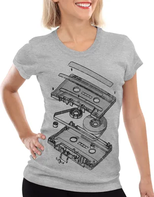 Produktbild von style3 DJ Tape T-Shirt Damen T-Shirt kassette 3D turntable retro, Farbe:Grau meliert, Größe:L