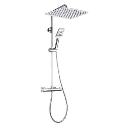 A chrome shower system with a square overhead shower head and a handheld shower head, mounted on a vertical pole with a thermostat.
