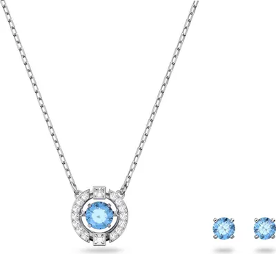 A necklace and a pair of earrings with blue stones and silver settings.