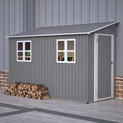 Image de Abri de jardin métallique robuste pour l'extérieur, 4 x 10 pieds (env. 1,2 x 3 m), avec kit de plancher, modèle adossé, porte à gauche/à droite et 2 fenêtres