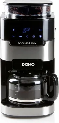 A front view of a Domo Grind and Brew coffee maker on a white background.