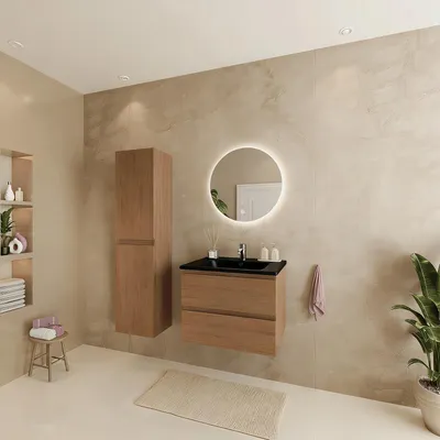 Produktbild von LOMAZOO Badmöbelset VERONA 60 cm - Mit Hochschrank - Warmes Eichenholz - Waschbecken Schwarz