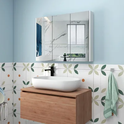 Produktbild von COSTWAY Spiegelschrank Badezimmer, Badezimmerspiegel mit Ablagen, Badezimmerspiegelschrank, Wandschrank mit Spiegel, Hängeschrank, 90 x 11 x 65 cm