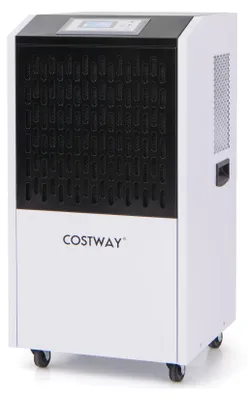 A white and black dehumidifier with wheels and a control panel on top.