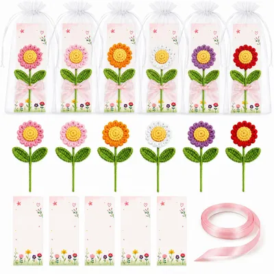 Gehäkelte Blumen mit Karten – 6 Stück, Geschenkset